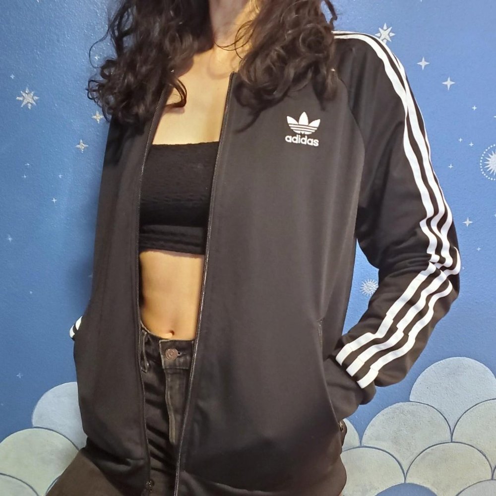 Adidas classic black zip-up track jacket w/ signature tri-stripe, L